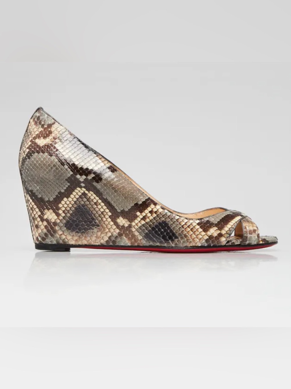 EUC Louboutin Riveto 70 Watersnake Leather Peep Toe Wedge Shoes